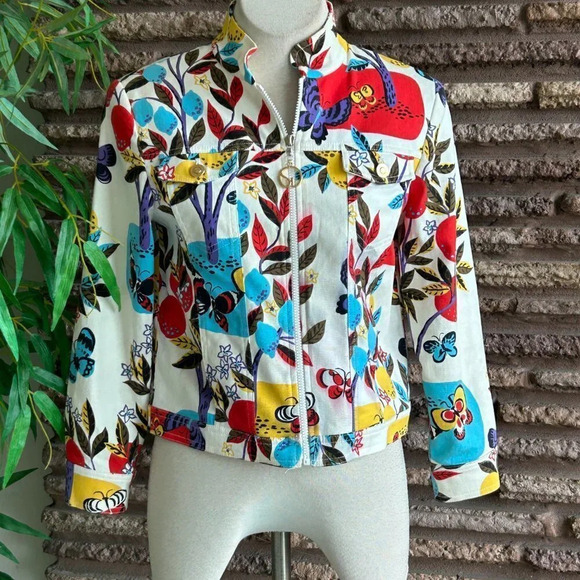 St. John Sport Colorful Butterfly Floral Trucker Denim Jacket READ - Picture 10 of 14